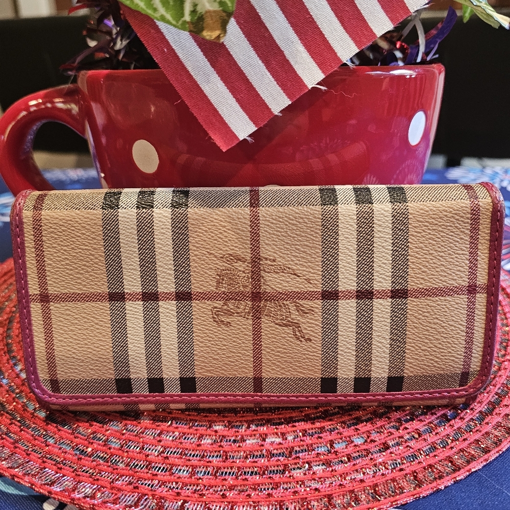 Burberry Haymarket Wallet With Rasberry Leather Trim